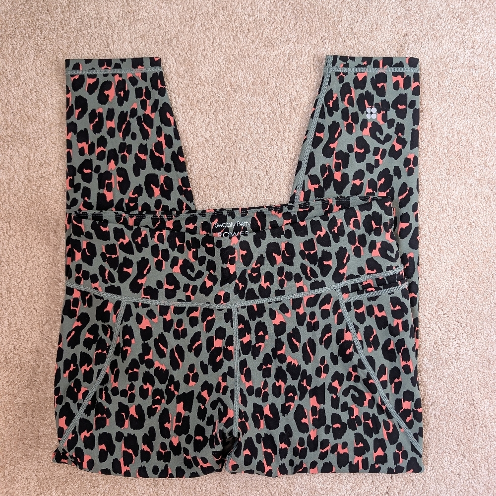 Sweaty Betty Green Black Pink Leopard Print Power 7/8 Length Gym Leggings